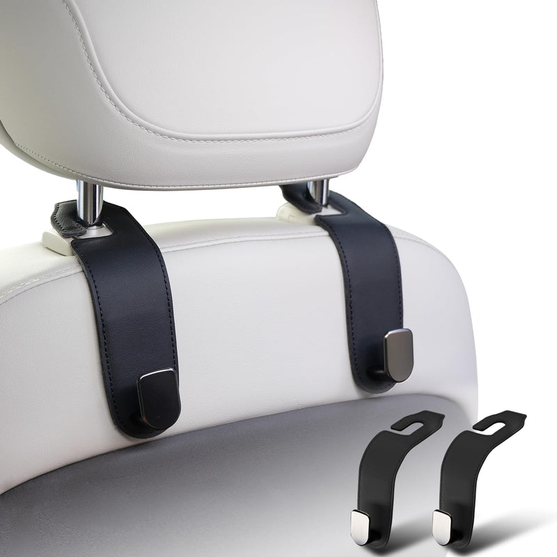 Car Headrest Hook, 2 Pack Leather Car Seat Hooks for Purses and Bags, Car Organization Accessories (Black) Black