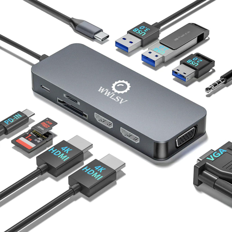 USB C Hub, 10-in-1 Docking Station Dual Monitor with 4K HDMI, VGA, Fast Charging Port, USB 3.0 & 2 USB 2.0 Ports, SD/TF Card Reader, 3.5mm AUX, USB C Dongle for MacBook, Dell, Lenovo, HP Laptops