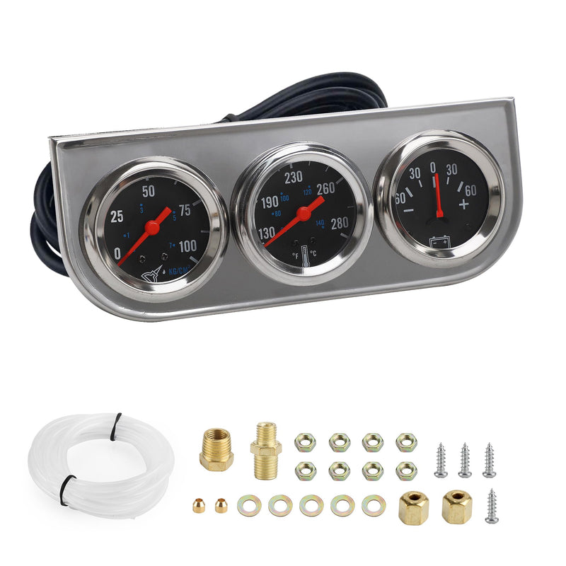 2" 52mm Triple Gauge Kit Chrome Panel 3in1 Car Meter Oil Pressure Fahrenheit Water Temp Ammeter Gauges for 12V Car Boat Truck Black Face