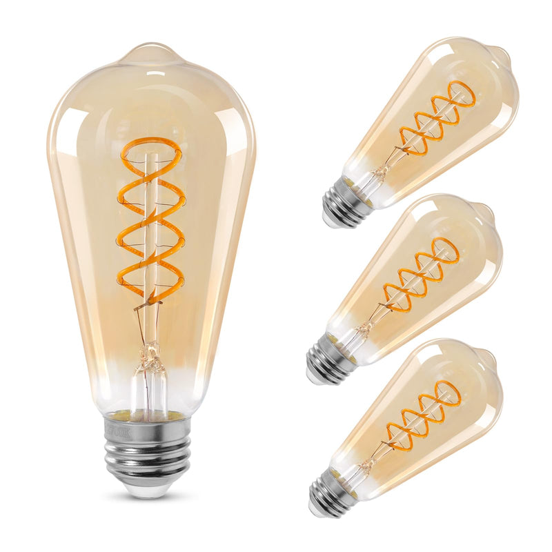 ST64 LED E26 Vintage Edison Light Bulbs, Light Amber Glass, Dimmable, 4W(40W Equivalent) 300 Lumens, 2500K Warm White, Spiral Filaments Design, Antique Style, 25000 Hrs, 4-Pack Light Amber-2500k 4 Pack