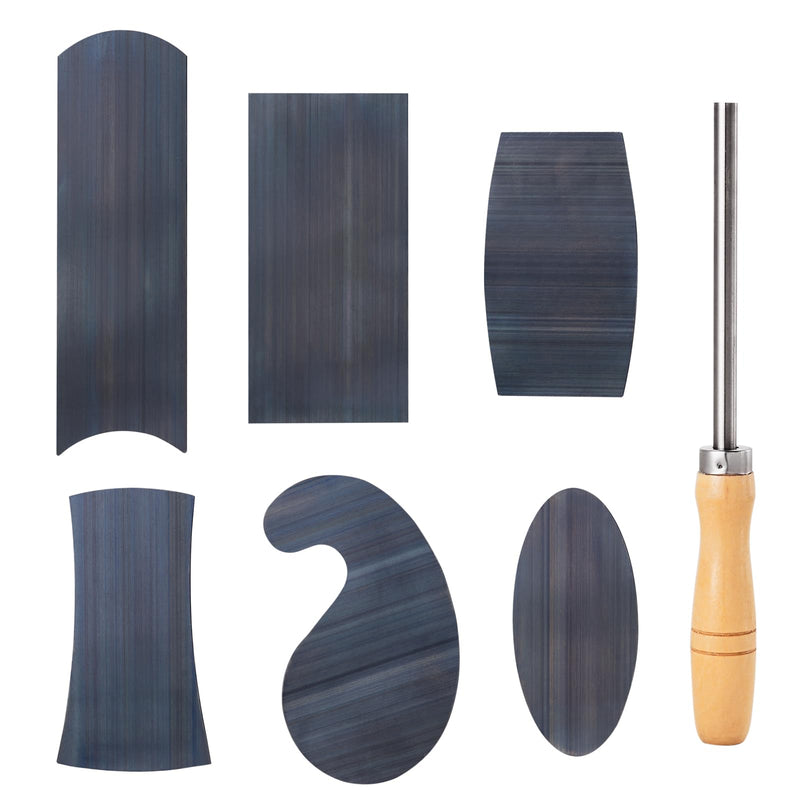 Cabinet Scraper Burnisher with 6 Piece Multi-Shaped Scraper Set 1 Oval 2 Double Convex/concave 1 Rectangle 1 Curved and 1 Gooseneck Scraper (Blue Spring Steel) Blue Spring Steel