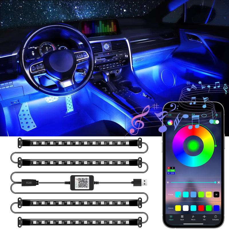 LivTee Accent Interior Car Lights, Smart Car Interior Lights with App Control, RGB LED Lights with Music Mode and DIY Mode, 2 Lines Design LED Lights for Cars with Charger, Car Accessories for Women Interior Lights(New)