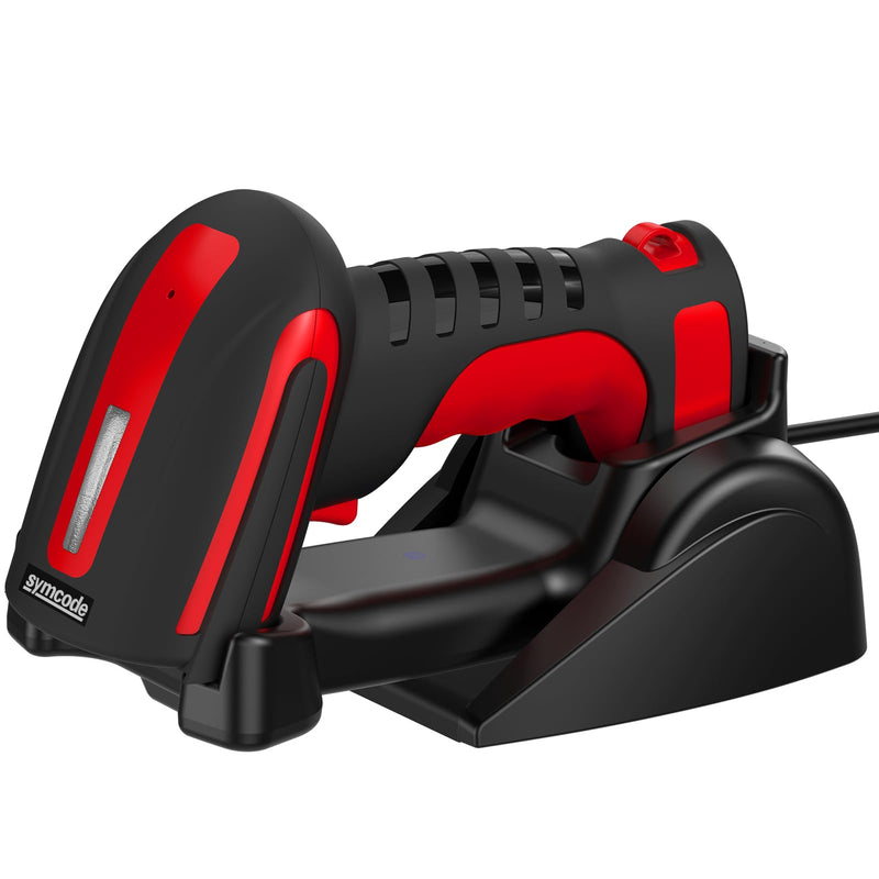 Symcode 2D Industrial Barcode Scanner with Stand 433 Wireless 1968 Feet Transmission Distance USB QR Automatic Barcode Reader Handhold Hands-Free Bar Code Scanner with Charging Base Red