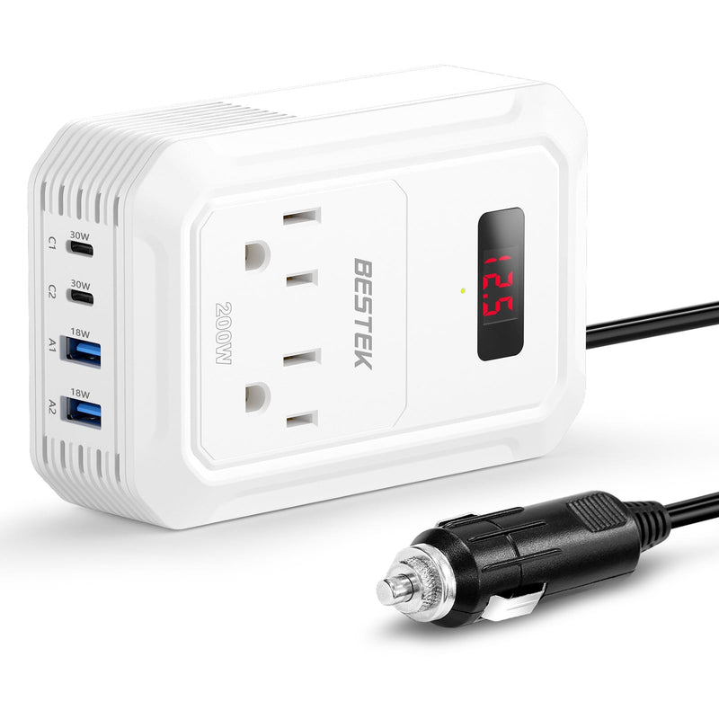 BESTEK 200W Car Power Inverter - DC 12V to 110V AC Converter with 2 USB-C(30W) and 2 USB-QC(18W) - Fast Car Charger Adapter with LCD Screen, Dual AC Adapter for Laptops White