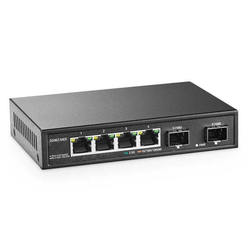 YuLinca 4 Port 2.5G Network Switch with 2x10G SFP, 2.5Gbps Network Hub Ethernet Splitter, Compatible with 100/1000/2500Mbps, Multi-Gigabit Fanless Unmanaged Metal Desktop Gaming Switch 4x2.5G + 2x10G SFP