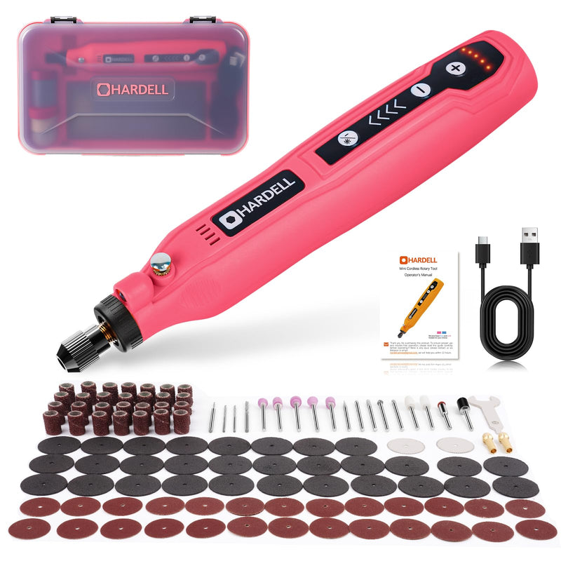 HARDELL Mini Cordless Rotary Tool, 5-Speed 3.7V Rechargeable Rotary Tool Kit with 129Accessories, USB Charging Multi-Purpose DIY Tool for Sanding, Polishing, Drilling, Engraving, Woodworking(Pink 129) Pink-129 accessories