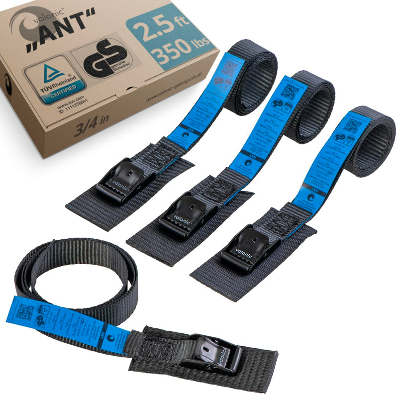 valonic ANT - Short Lashing Strap, Padded, 4 Pieces, 2.5 ft, 350lbs Breaking Strength, cam Buckle, Black - tie Down Straps for Bike Rack