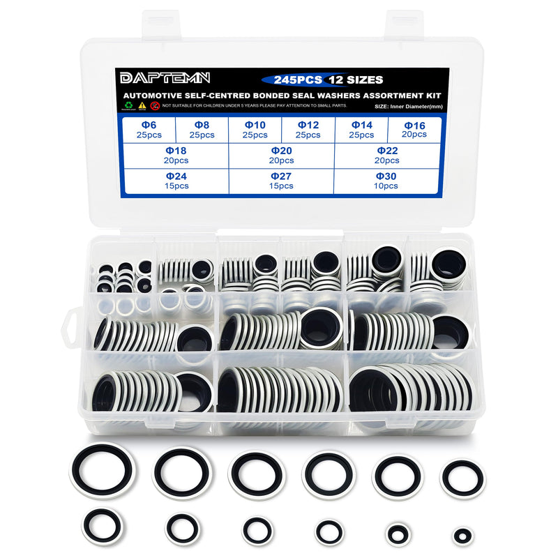 245PCS Bonded Sealing Washers, NBR Metric Zinc-Plated Steel Self-Centred Sealing Rubber Washers, Automotive Seal Gasket Crush O-Ring Assortment Kit Set, Includes Sizes of M6-M30 245PCS Black Seal Washers