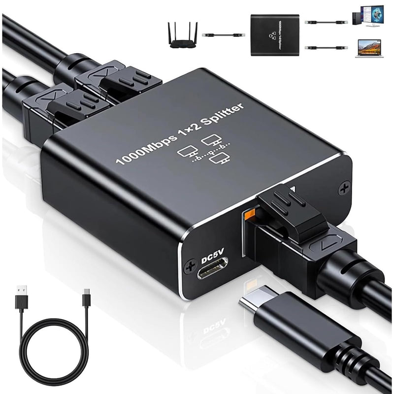 Gigabit 1000Mbps RJ45 Ethernet Splitter 1-Port to 2-Port Network Adapter Shares 2 Devices with USB Power Cable Compatible with Cat5 Cat5e Cat6 Cat7 Cables for Router Modem Extension