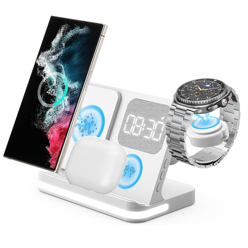 4 in 1 Wireless Charger with Alarm Clock Compatible for Galaxy Watch 8/7/Ultra/FE/6 Pro Galaxy S26 Pro/Ultra/S25+/S24/S23/Note 20/Z Flip 7/6/5 Fold Galaxy Buds4/2/Pro Multiple Devices Charging Station white