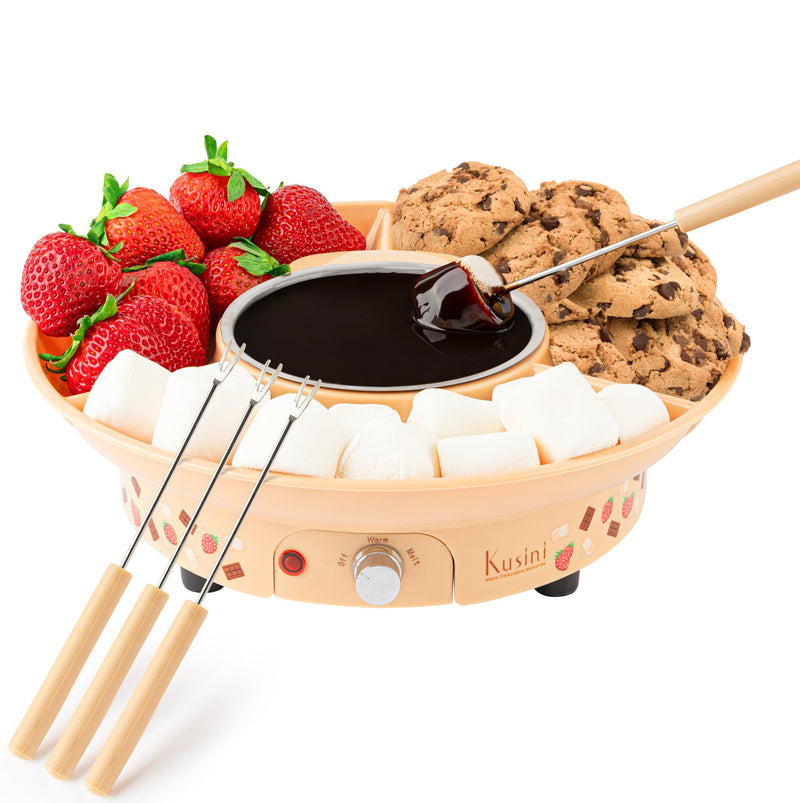 Kusini Fondue Pot Electric Set – 10-oz Chocolate Fondue kit - Temperature Control, Detachable Serving Tray, 4 Forks – Hostess Gift Ideas, Unique Housewarming Gift Set – Birthday Party Ideas Fondue Print