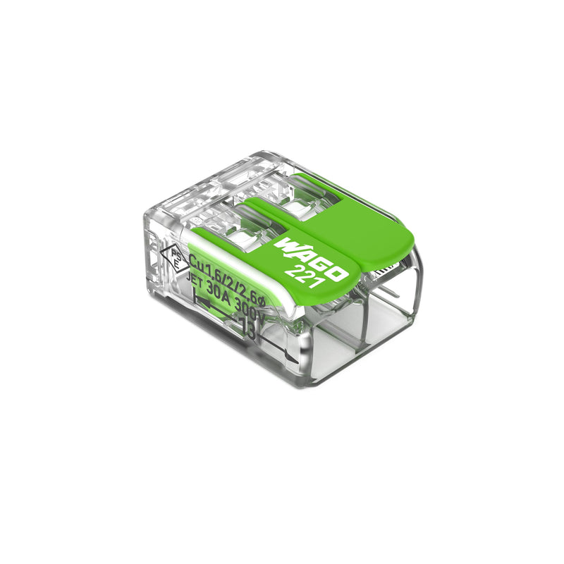221-422 | WAGO Splicing Connector Green Range | for Solid, Stranded and fine-Stranded Conductors | 2-Conductor with levers | 24-12 AWG | Transparent housing | [100 pcs Box]