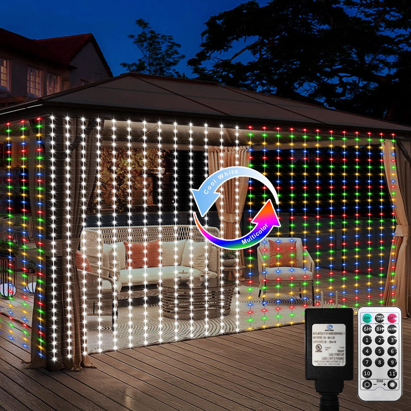 echosari 20Ft x 10Ft Large Curtain Lights Plug in, 600 LED Dual Color Changing Outdoor Curtain Lights Waterproof Connectable with Remote for Wedding Backdrop Yard Decor (Cool White & Multicolor) Cool White - Multicolor