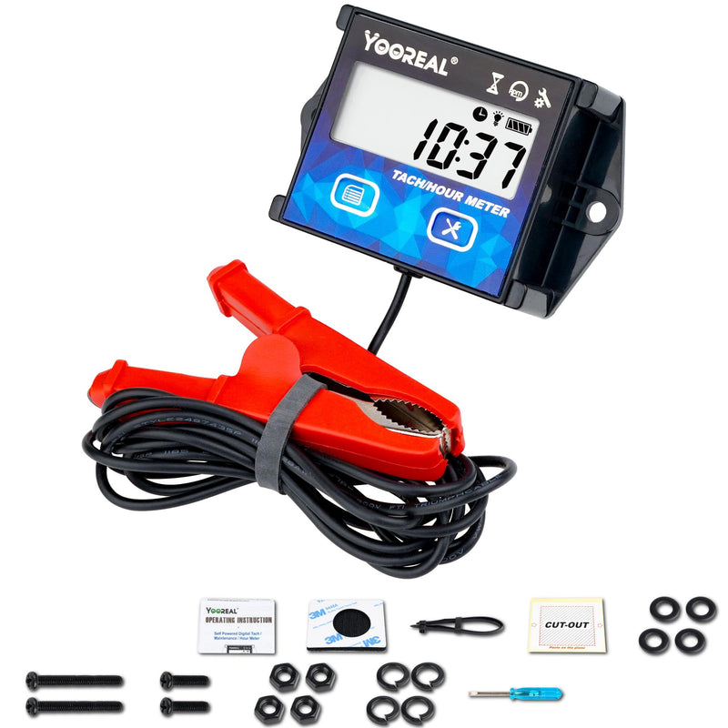 YOOREAL Digital Tachometer Hour Meter Maintenance Reminder with Clips Backlight Replaceable Battery Waterproof for Lawn Mower Motorcycle Outboard Motor Generator Snow Blower etc