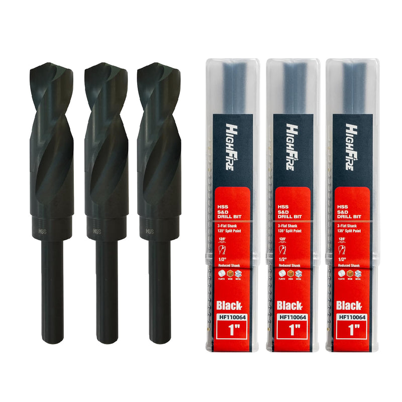 HIGHFIRE 3 PCS 1" HSS Reduced Shank Drill Bits, Silver and Deming Drill Bit with 3-Flat Shank for Aluminum Plate Copper Wood Stainless Steel, 135 Degrees Split Point 1 in