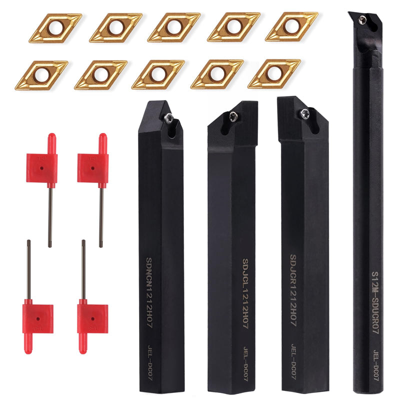Indexable Lathe Turning Tool 1/2" Shank 14PCS Kit-4PCS Metal Lathe Tools Holder 10PCS DCMT21.51 Carbide Insert for Turning Boring Grooving SDJCR1212H07/SDNCN12120H07/SDJCL1212H07/S12M-SDUCR07 4pcs 1/2" 07shank +10pcs Inserts