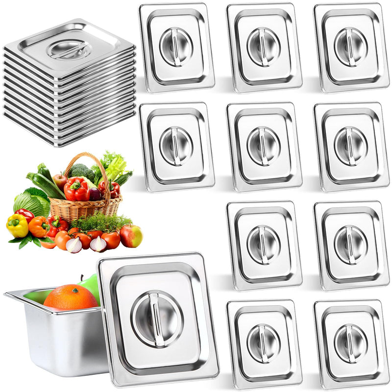 10 Pack 1/6 Size Steam Table Pan Covers Universal Handled Food Pan Lid Stainless Steel Pan Lid with Handle Restaurant Commercial Hotel Food Pan Cover 7 x 6.5 Inch for Fruits Vegetables