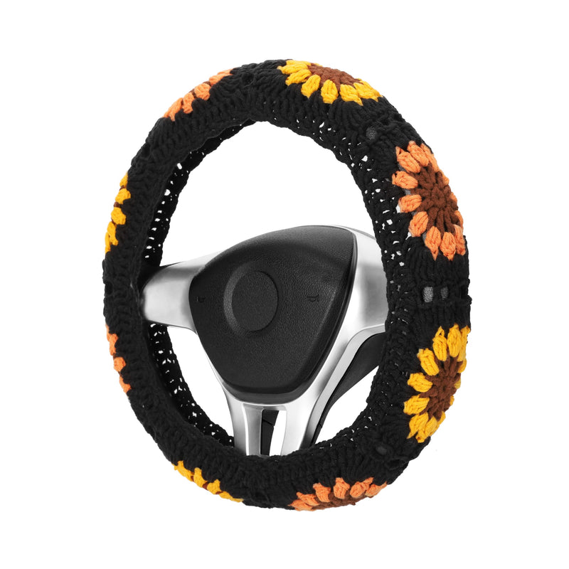 Boho 14-15 in Crochet Steering Wheel Cover Set, Handmade Black Sunflower Granny Square Pattern Car Decor for Women, Hippie Car Accessories A Wheel Cover