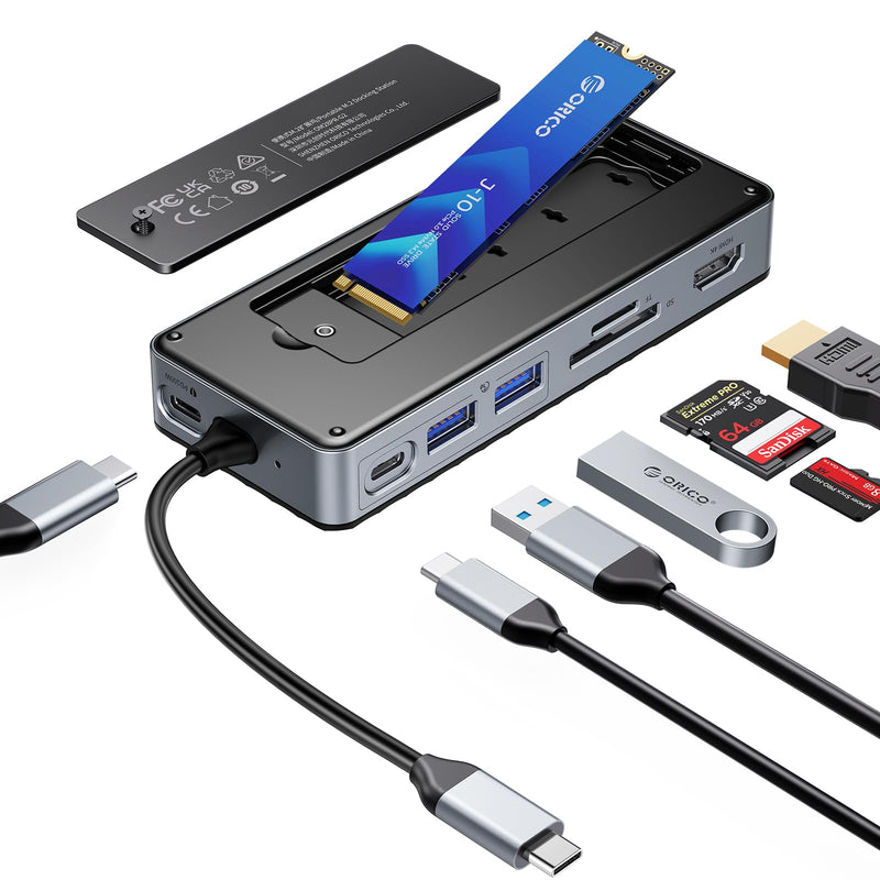 ORICO USB-C Hub with M.2 SSD Enclosure, 8-in-1 USB C Docking Station Fits M.2 NVMe/SATA SSD, 10Gbps, 4K@60Hz HDMI, 100W PD, SD/TF Card Reader with SD/TF
