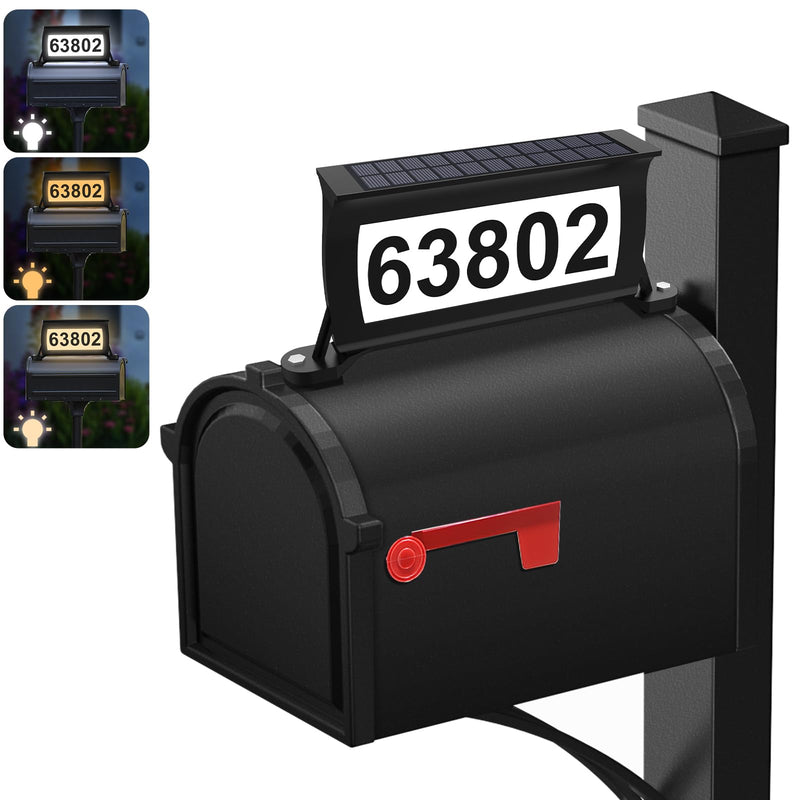 Solar Address Sign, 3 Colors-in-1 Waterproof Mailbox Number Plaque for Outside, Double-Sided Light-Emitting Mailbox Topper, House Numbers for Outside (No-drilling Option Available) Black