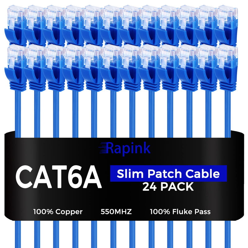 Rapink Patch Cables Cat6a 7ft (24 Pack) Slim, Cat6a Ethernet Patch Cable 10G Support, Snagless Cat 6 Patch Cable for Patch Panel to Switch, Flexiable Cat 6a Ethernet Cable with Gold Plated 24 Pack