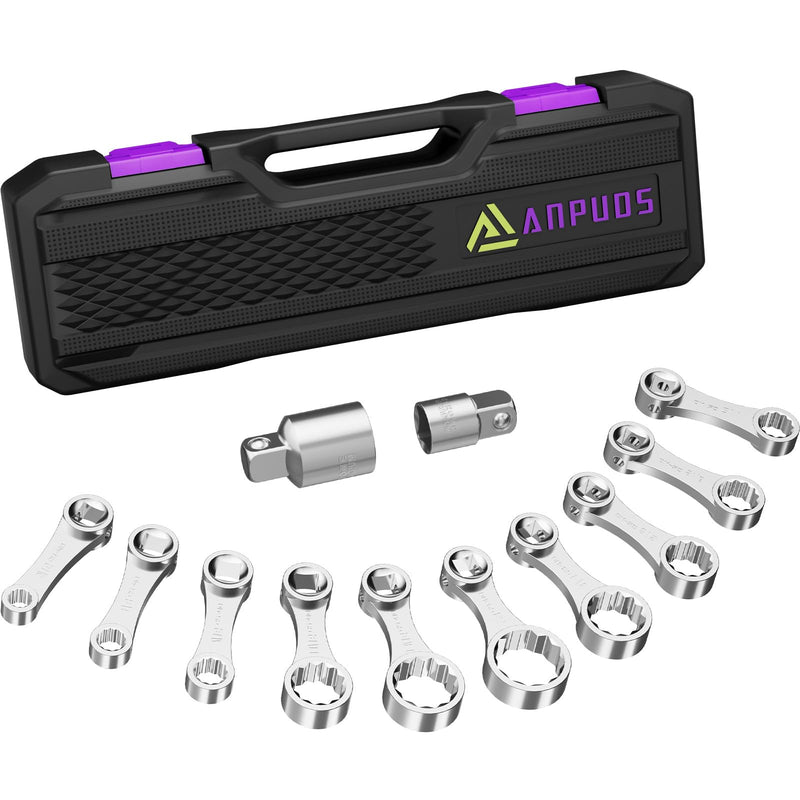 ANPUDS 12 Pcs SAE Torque Adapter Set, 5/16"-7/8", 3/8" 12-Point Extension | Cr-Mo Steel, 1/2''+1/4'' + Bit Adapter, Torque Wrench Adapter, for Engine Bay, Brake, Suspension, Motorcycle & Tight Access SAE 12Pcs
