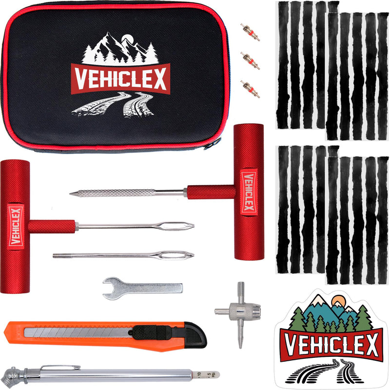 Vehiclex Tire Repair Kit for Plug and Patch with Aluminum Handled Tools - Emergency Kit in Zippered Bag for Car, Motorcycle, ATV, Tractor, Lawn Mower Compact Metal kit