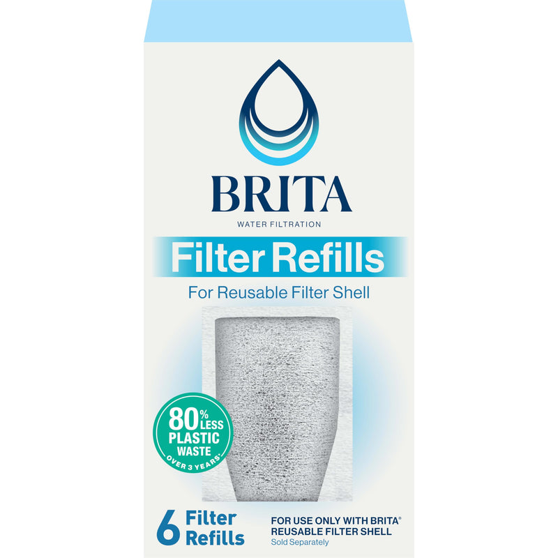 Brita Refillable Water Filter Refill Packs for Pitchers and Dispensers, BPA-Free, 80% Less Plastic*, Each Lasts Two Months, For Use with Refillable Shell (Sold Separately), 6 Filters 6 Refills