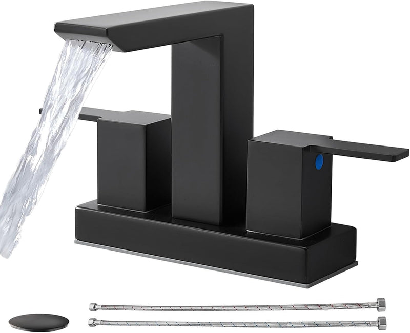 IKEBANA Matte Black Waterfall Bathroom Faucet, 4 inch 2 Handle 304 Stainless Steel Bathroom Sink Faucet, Modern Waterfall Spout Lead-Free Sink Faucets with Pop-up Drain and Supply Hoses, IK-QK2324