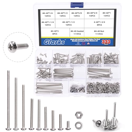  [AUSTRALIA] - Glarks 333Pcs Machine Screw Assortment Kit #4-40 Stainless Steel Phillips Pan Head Assorted Nuts Bolts and Flat Washers Set, 304 Stainless Steel Machine Screws Assortment Set with Storage Case