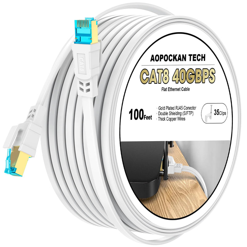 Cat 8 Ethernet Cable 100 FT, Heavy Duty High Speed 40Gbps 2000Mhz Internet Network Patch Cord, RJ45 Shielded Flat LAN Cable, Outdoor&Indoor Weatherproof S/FTP UV Resistant for Gaming, Router, Modem CAT8-100FT White