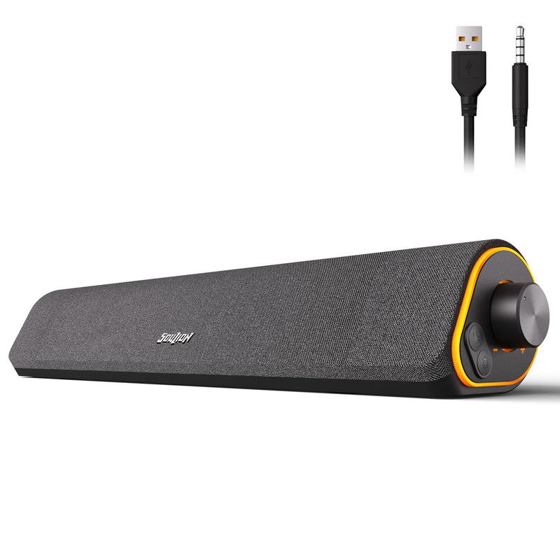 SOULION R50 Bluetooth Computer Speakers, 3.5mm PC Sound Bar for Desktop Monitor, Wired USB Powered & Colorful LED Lights with Switch Button, Surround Sound Soundbar PC Spearkers for Computer Dark Grey