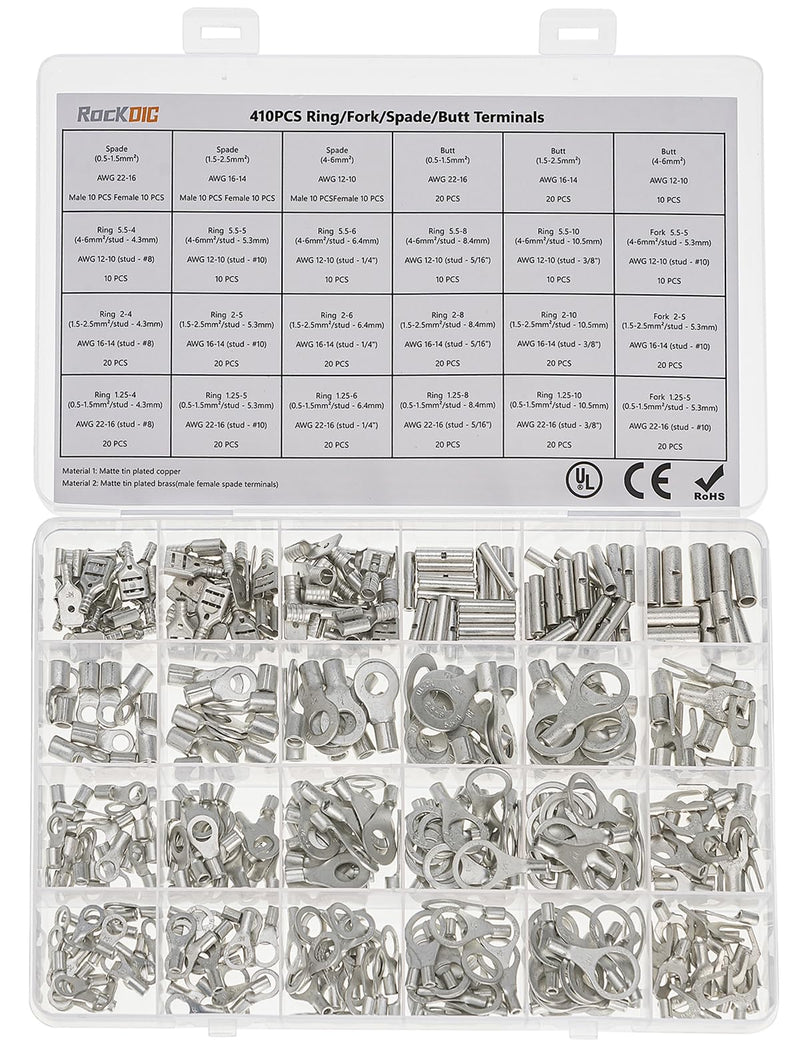 Electrical Wire Connectors, 410 PCS AWG 22-16 16-14 12-10 Gauge Non-Insulated Butt Spade Ring Terminal Lug Crimp Connectors Assortment Kit