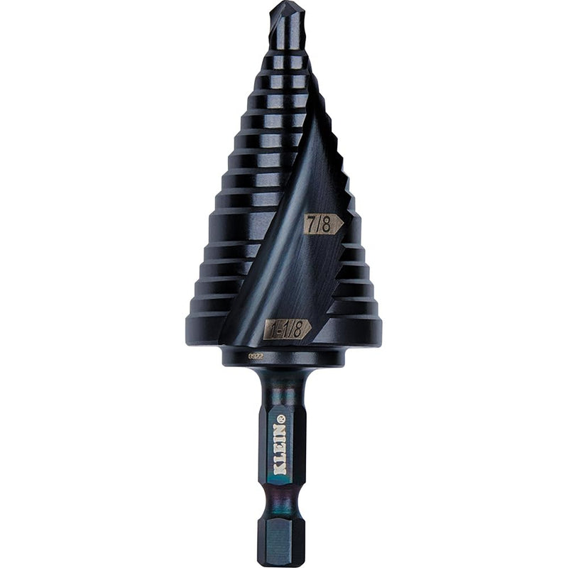 Klein Tools QRST11 Step Drill Bit, Quick Release Spiral Double-Fluted, 7/8 to 1-1/8-Inch, Hex Shank, Cut Steel, Wood, Plastic, Aluminum