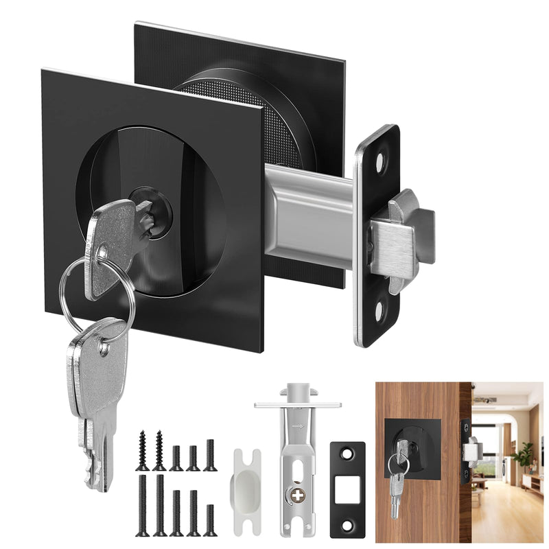 Square Door Hardware - Sliding Pocket Door Lock with Key, Flush Latch for Bed/Bath, Matte Black, 2-3/8" Backset Square Entrance