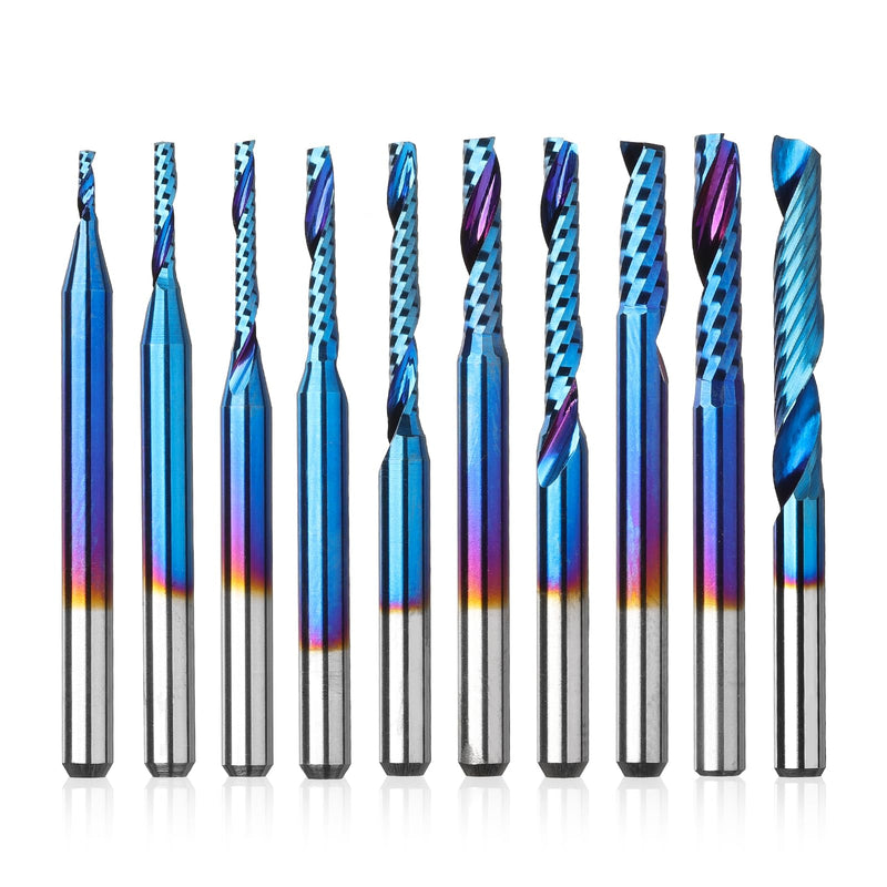 Genmitsu 1/8 Inch Shank 10pcs Carbide Spiral O Flute (Single Flute) End Mill CNC Router Bits, Solid Nano Blue Coat, for Woodworking Cutting Carving Wood Acrylic PVC PCB MDF, OS10A 1/8" Shank O-Flute 10pcs