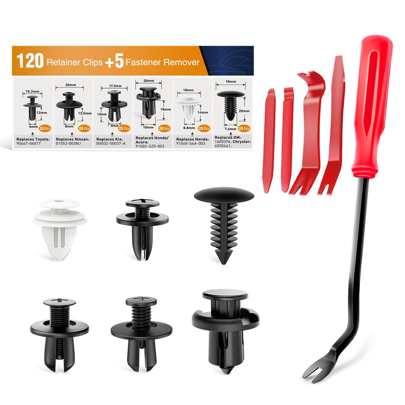 GOOACC 120PCS Car Bumper Push Retainer Clips & Nylon Fasteners Rivet Kit 6mm 7.6mm 8mm 8.8mm 10mm Door Trim Panel Clips, 5PC Fastener Remover 120 Clips + 5 Tools
