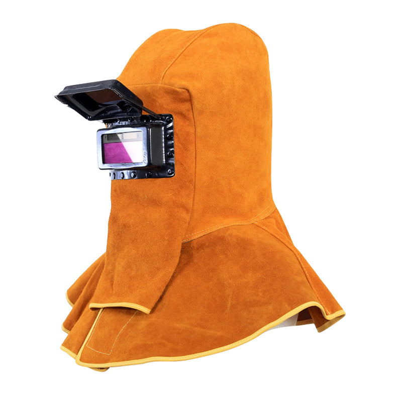 Upgraded Cowhide Leather Welding Hood with Solar Auto Darkening Filter Lens Mask,Full Protective Welder Hood Welding Helmet with Neck Shoulder Protective,Welding Flame Heat Resistant Work Cap Hat