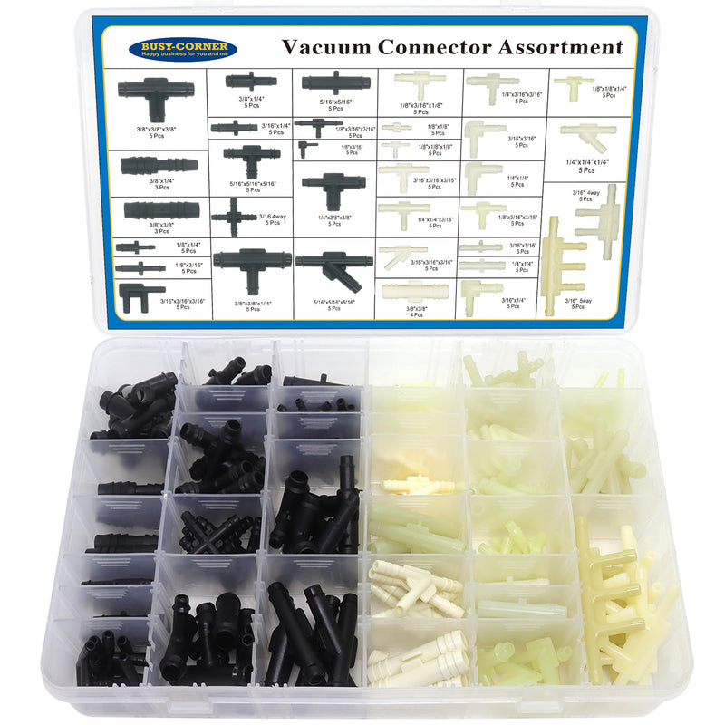 34 Size 165 PCS Automotive Vacuum Tubing Connector Vacuum Tee Connector Assortment Kit 1/8" 3/16" 1/4" 5/16" 3/8"