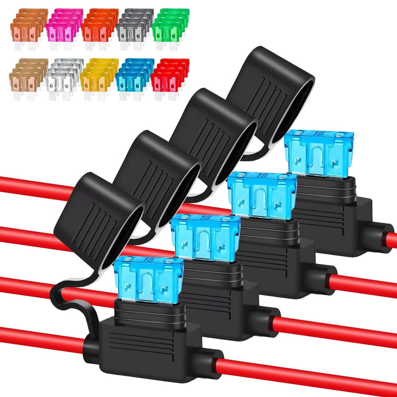Inline Fuse Holder 12V/24V Waterproof, 4 Pack Heavy Duty 12AWG Automotive Blade Fuse Block for Car Truck Marine Boat RV, Complete Kit with 40pcs ATC/ATO Fuses