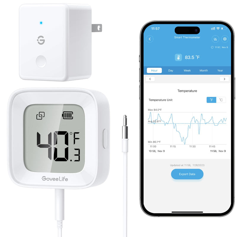 GoveeLife WiFi Refrigerator Thermometer with Alarm, Wireless Digital Freezer Temperature Gauge with App Control, LCD Display, 2 Years Free Data Export, for Fridge Hot Tub (Only Support 2.4G WiFi) 1 Gateway + 1 Sensor
