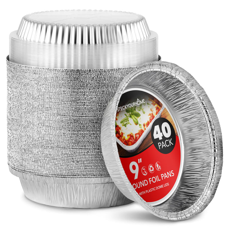 Stock Your Home 9" Round Aluminum Foil Pans with Lids (40 Pack) Pie Tins Disposable 9 Inch with Lid, To-Go Containers for Pies, Cheesecake, Cinnamon Rolls, Flan, 2" Deep Dish Cake Pan for Holidays