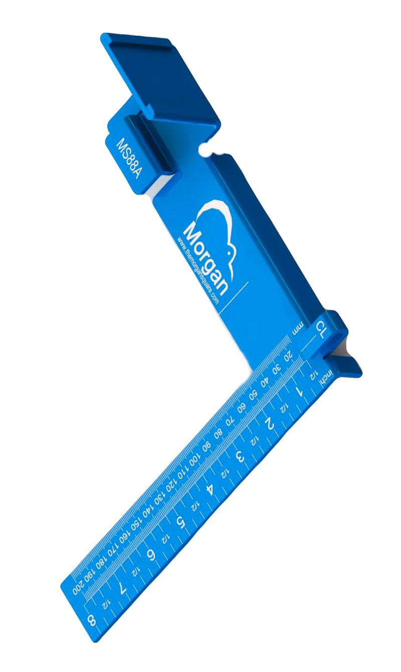 Kiwi Vision® Morgan™ Square Blue 8-inch: Single Motion Measuring & Marking, Centerline Mark, Tongue is 1 1/2, Pencil Holder, 1 1/2 Mark for Openings, Imperial and Metrics, Standard Tape Measure Mount Blue Aluminum