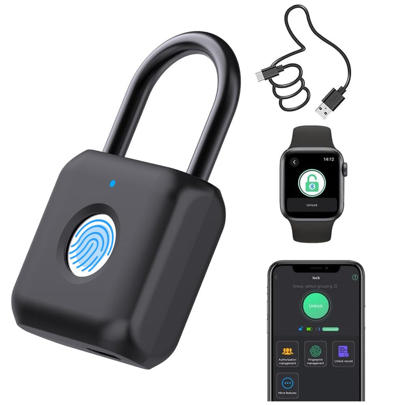 eLinkSmart Fingerprint Padlock for Gym Locker - Keyless Smart Lock with App & Bluetooth, Biometric Padlock for School Locker, Backpack, Suitcase, Luggage, Cabinet, Indoor Use (Black) Black
