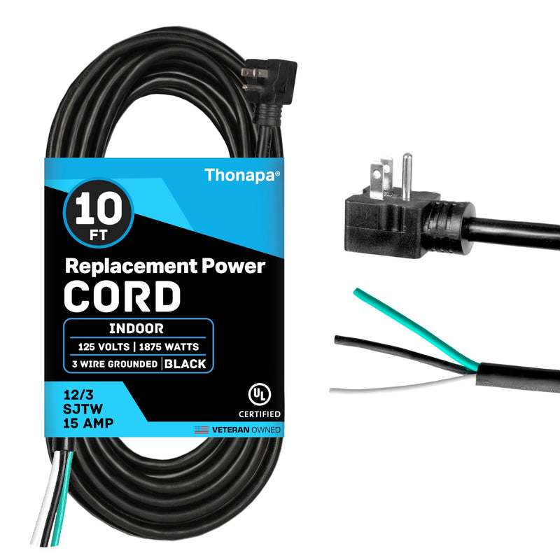 Thonapa 12 Gauge Replacement Power Cord with Open End 10 ft, 90 Degree Slim Flat Plug, 10 Foot Applaince Extension Cord 12/3 SJTW for Universal AC Appliance, Dishwasher, 15 AMP 1.0 Inches