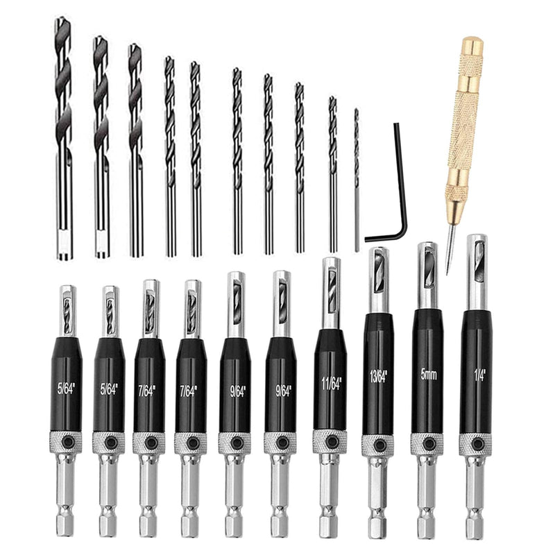 22Pcs Self Centering Drill Bit Set, 1/4" Hex Shank VIX Bit, 5/64-1/4” Quick Change Hinge Center Drill Bits Hex Key for Woodworking Metal Wood Cabinet Window Door 22PC