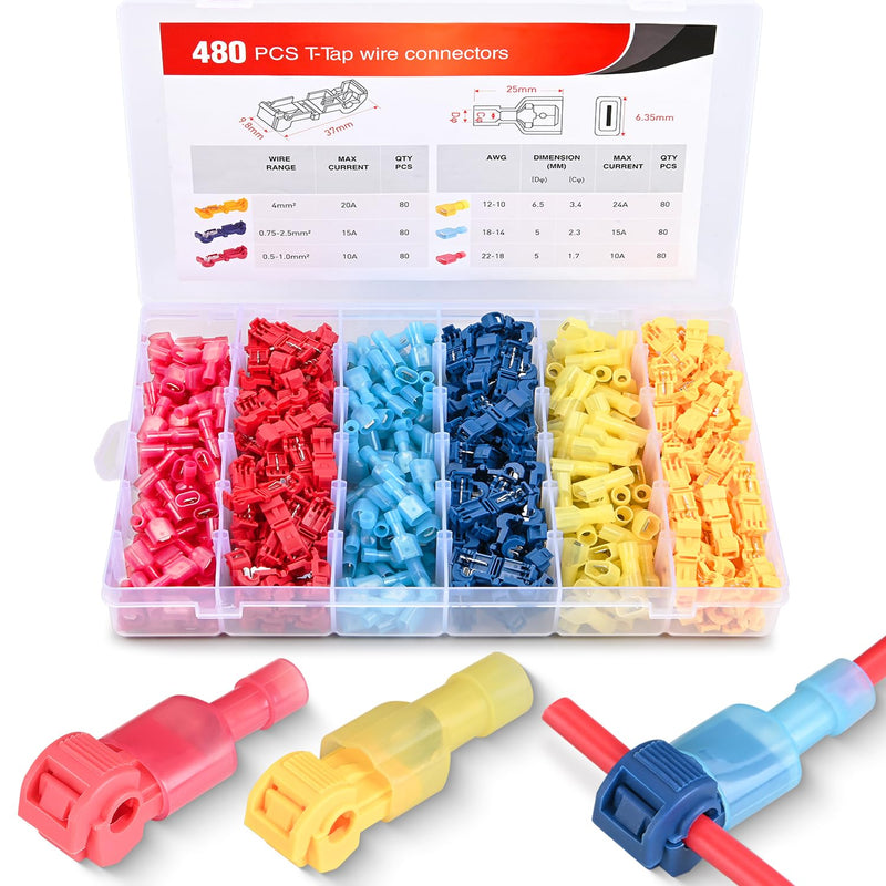 Nilight 480PCS/80 Pairs T-Tap Wire Connectors Self-Stripping Quick Splice Electrical Wire Terminals Insulated Male Quick Disconnect Spade Terminals Assortment Kit with Storage Case, 2 Years Warranty 480Pcs 22-10AWG