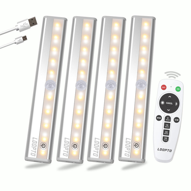 LDOPTO Under Cabinet Lights Wireless 4 Pack, Rechargeable Battery Operated Lights with Remote, Dimmable Led Closet Lights, Under Counter Lights Stick-on Touch Night Light for Kitchen, 3 Colors 4 PCS