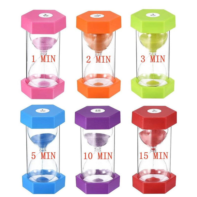 Large Sand Timer, Hourglass Timer Colorful Sandglass Timer 1 min/2 min/3 min/5 min/10 min/15 min Kids Timer Visual Sand Clock Timer for Games Classroom Home Office Kitchen Teeth Brushing (Pack of 6) 1+2+3+5+10+15min