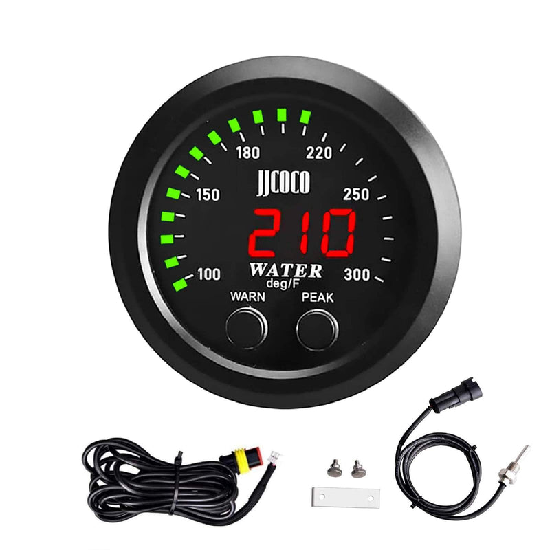 Universal 52mm Water Temperature Gauge with Alarm and 1/8 Npt Sensor Car Digital Meter Red Display Green Ambient Light Temp 100-300F(-17~187C) Green Water Temperature Gauge
